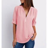 Rosé | Women's Zip-Up V-Neck Half Sleeve Casual Blouse Top