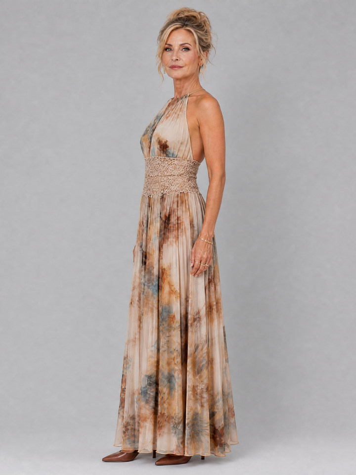 Elavenue | Halter Neck Lace Waist Maxi Dress