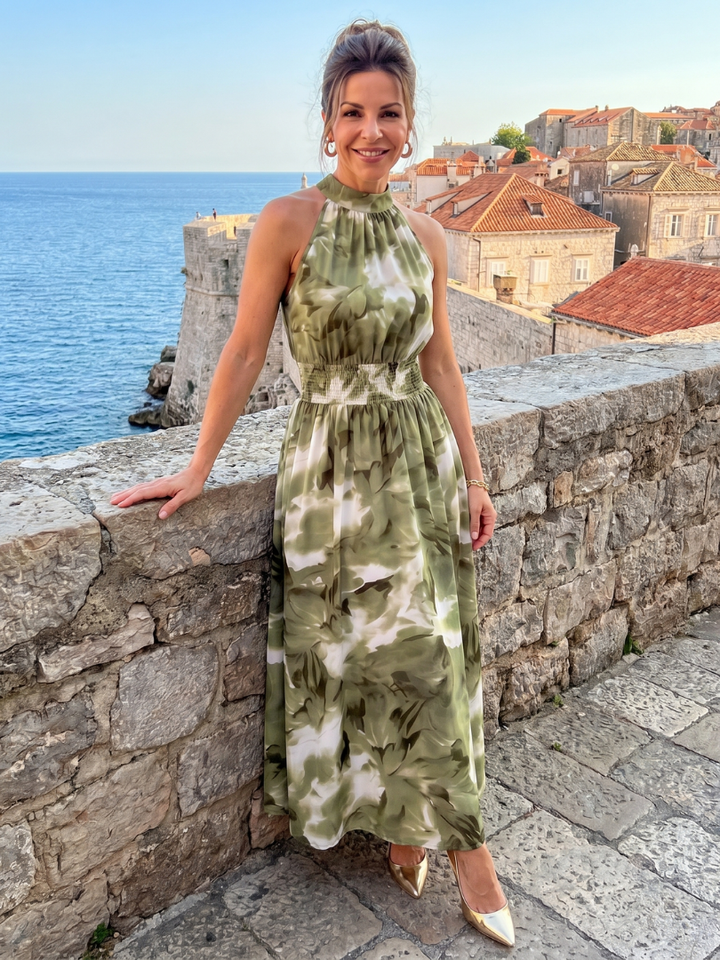 Olivia | Gathered Waist Abstract Print Midi Dress