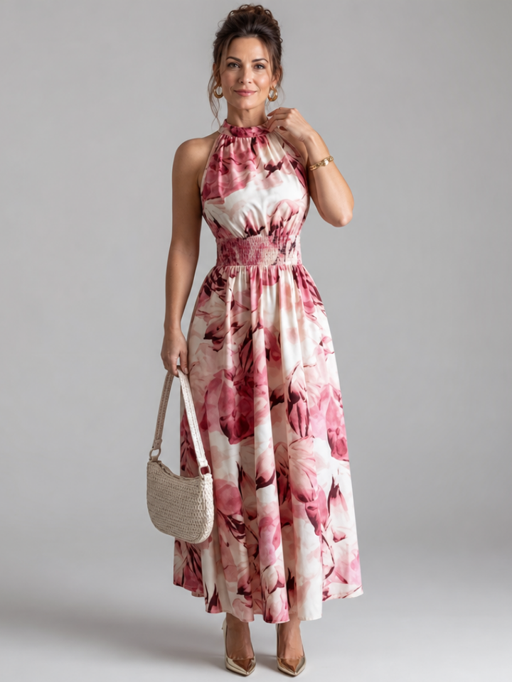 Olivia | Gathered Waist Abstract Print Midi Dress