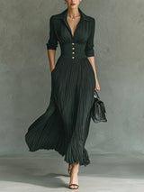 Lindsay | Elegant Pleated Lapel Waist Maxi Dress