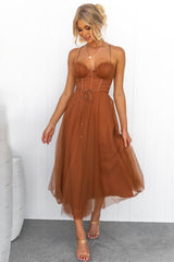 Calliope | Women's Corset Bodice Tulle Midi Dress