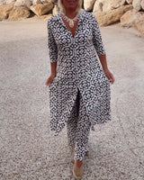 Delphine | Women's Printed V-Neck Tunic Wide Leg Pants Set