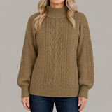 Women's Cable Knit Mock Neck Sweater, Drop Shoulders, Ribbed Hem, Casual and Work