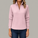 Women's Half Zip Ribbed Pullover, Stand Collar with Long Sleeves, Office and Casual
