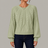 Women's Cable Knit Sweater, Round Neck with Balloon Sleeves, Ribbed Cuffs, Casual