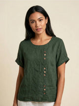 Foreen | Women's Casual Scoop Neck Button Detail Short Sleeve Top