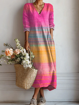 Selovra | Women's V-Neck Striped Long Sleeve Maxi Dress