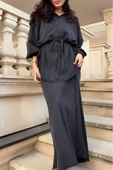 Lisa | Long-sleeved Tie-Drawstring Shirt and Skirt Set